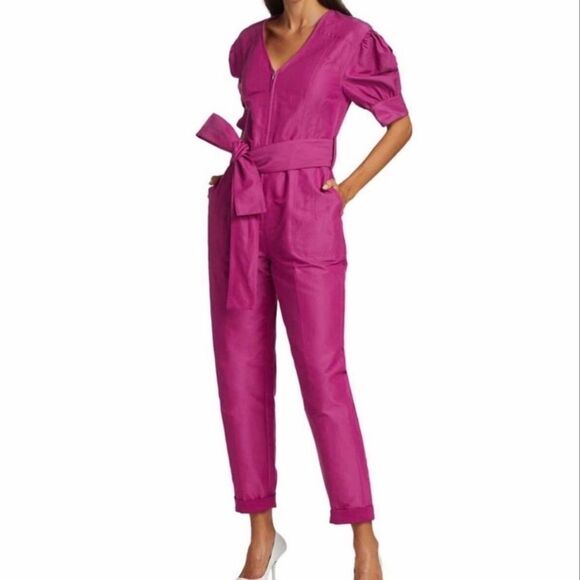 NWT Tanya Taylor Becca Purple Jumpsuit Bougainvilea Puff Sleeve Size 8 - Picture 6 of 12
